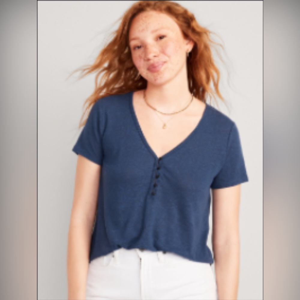 Old Navy Linen-Blend V-Neck Henley T-Shirt - Blue - XS